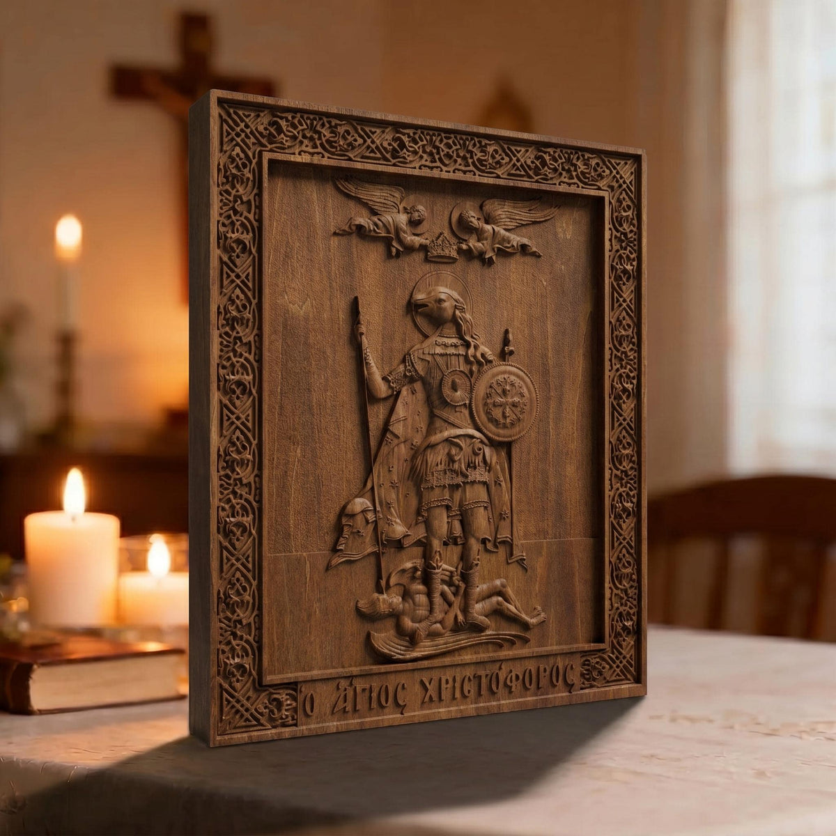 Saint Christopher the Dog Head Wooden Carved Handmade Christian Icon. Byzantine Greek Orthodox Home Decor.