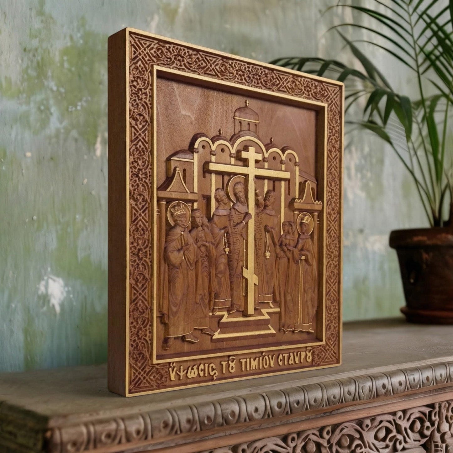 The Elevation of the Holy Cross Wooden Carved Handmade Christian Icon. Byzantine Greek Decor.