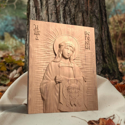 Saint Veronika Wooden Carved Handmade Christian Icon. Byzantine Greek Orthodox Home Art Decor.