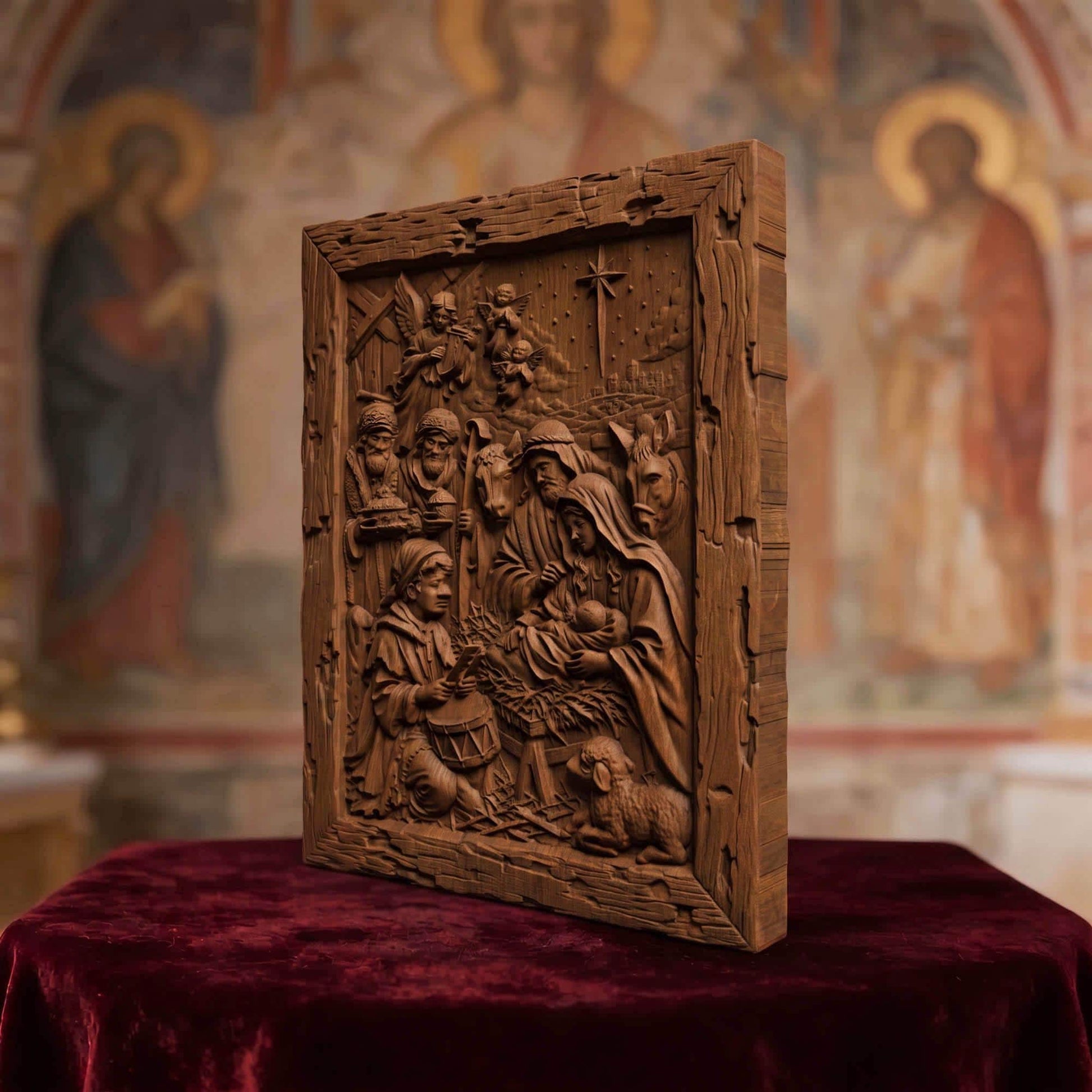 The Birth of Jesus Wooden Carved Handmade Christian Icon  Byzantine Greek Orthodox Home Decor Cretan Holy Carvings