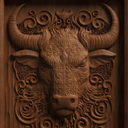 Bull Tribal Framed Bas Relief | Wooden Bull Carving | Sculptural Gift Idea
