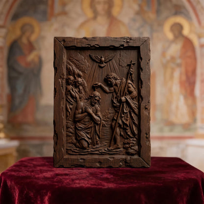 Saint John and the Baptism of Jesus Christ Wooden Carved Handmade Christian Icon  Byzantine Greek Orthodox Home Decor Cretan Holy Carvings