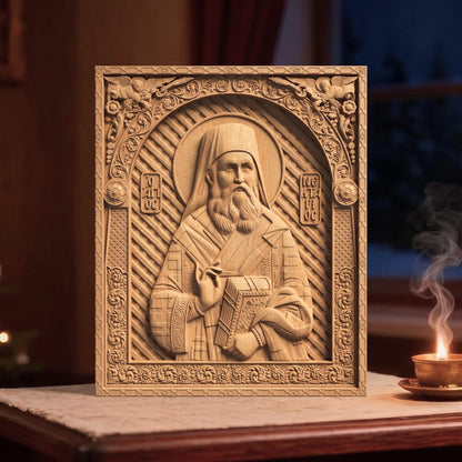 Saint Nectarios of Aegina Wooden Carved Handmade Christian Icon | Byzantine Greek Orthodox Home Art Decor