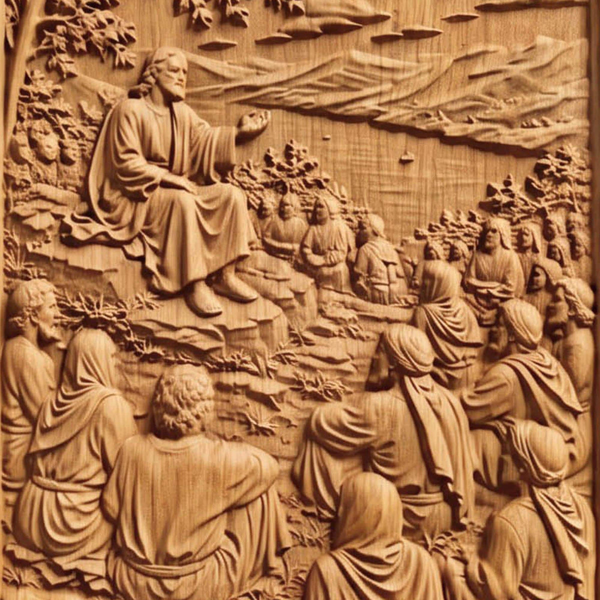 Jesus Christ Teaching the Crowds Wooden Carved Handmade Christian Icon  Byzantine Greek Orthodox Home Decor Cretan Holy Carvings