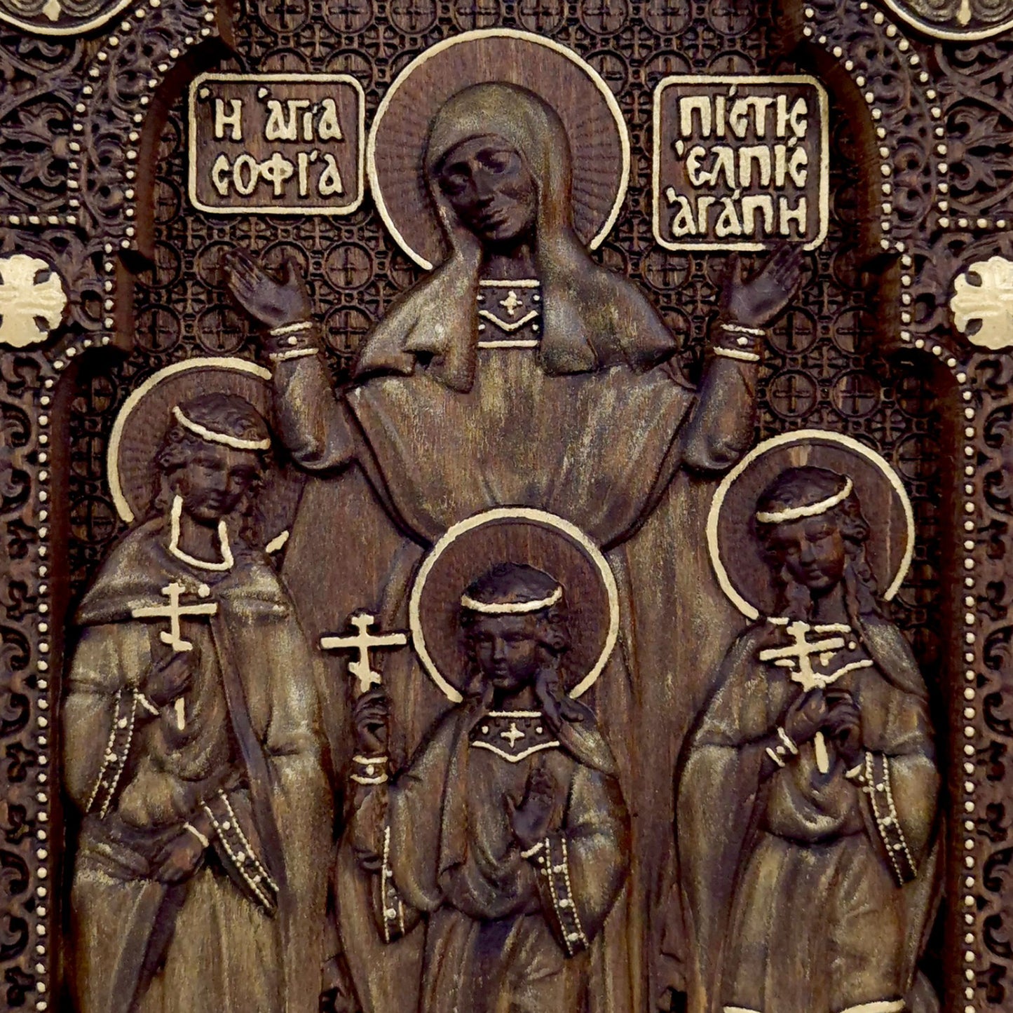 Αγίες Σοφία, Πίστη, Ελπίδα και Αγάπη Ξυλόγλυπτη Εικόνα.