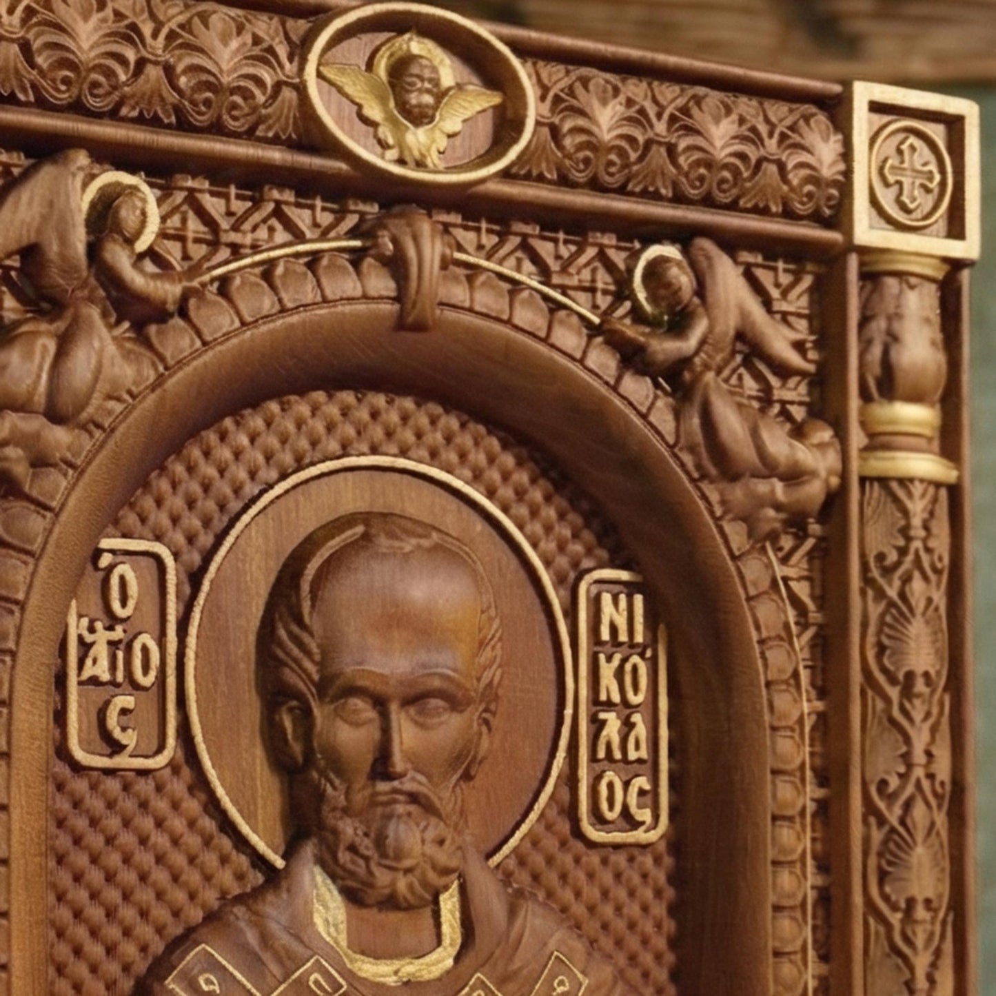 Saint Nicholas Wooden Carved Handmade Christian Icon. Byzantine Greek Orthodox Home Art Decor.