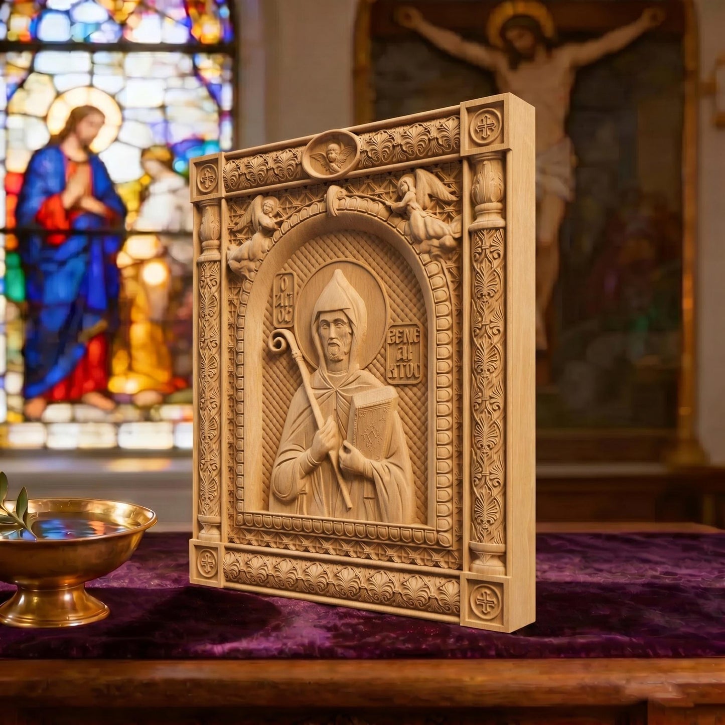 Saint Benedict Patron Saint of Europe Wooden Carved Handmade Christian Icon | Byzantine Greek Orthodox Home Art Decor