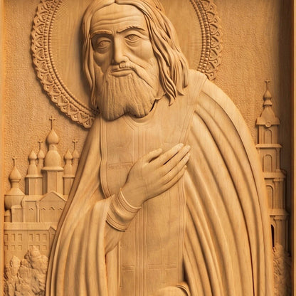 Saint Seraphim of Sarov Wooden Carved Handmade Christian Wooden Carved Handmade Christian Icon Front Side Natural Wood Color Cretan Holy Carvings