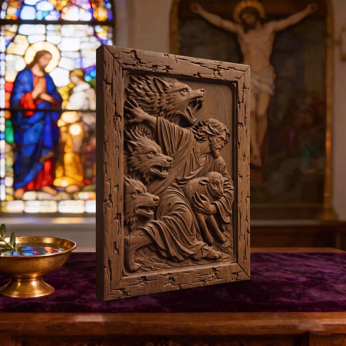 Jesus Saves from the Wolves Wooden Carved Handmade Christian Icon  Byzantine Greek Orthodox Home Decor Cretan Holy Carvings
