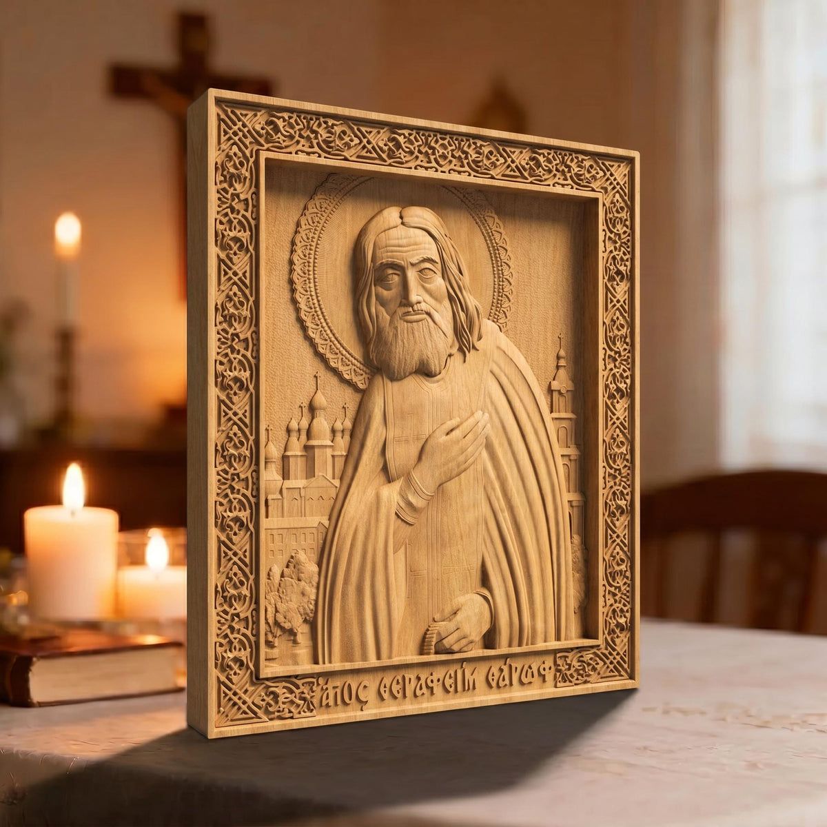 Saint Seraphim of Sarov Wooden Carved Handmade Christian Wooden Carved Handmade Christian Icon Left Side Natural Wood Color Cretan Holy Carvings