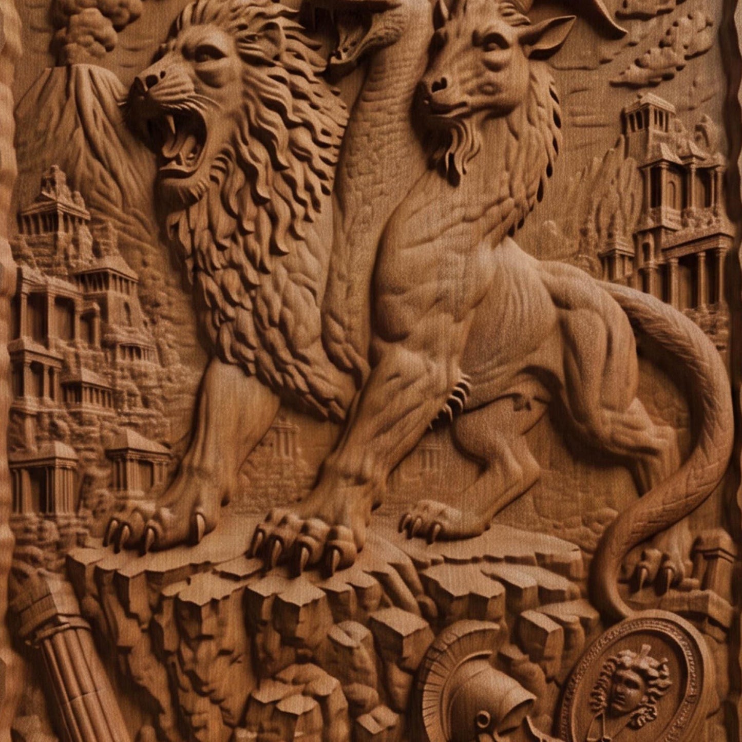 Chimera the Mythical Beast from Ancient Greek Mythology 3D Wooden Bas Relief Panel Art Sculptural Gift Idea Cretan Holy Carvings