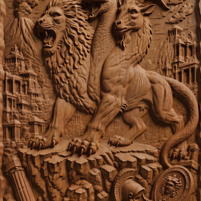 Chimera the Mythical Beast from Ancient Greek Mythology 3D Wooden Bas Relief Panel Art Sculptural Gift Idea Cretan Holy Carvings