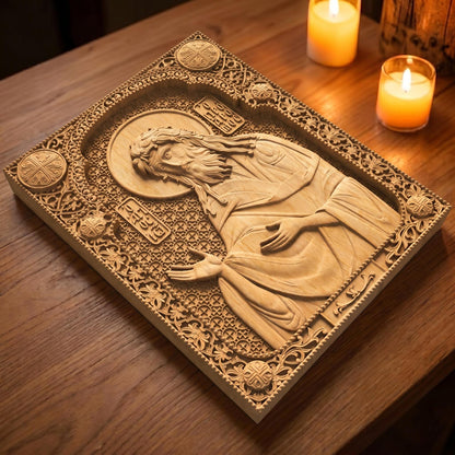 Saint John the Baptist Wooden Carved Handmade Christian Icon Flat Side Natural Wood Color Cretan Holy Carvings
