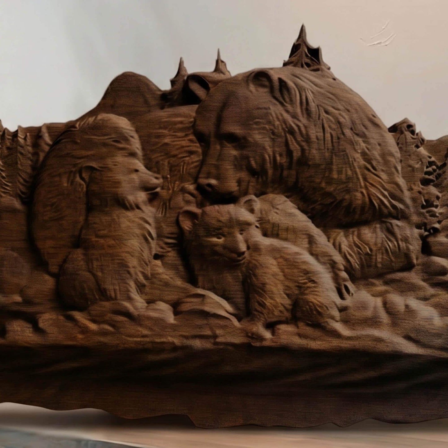 Bear Family Framed Bas Relief | Wooden Bear Carving | Sculptural Gift Idea