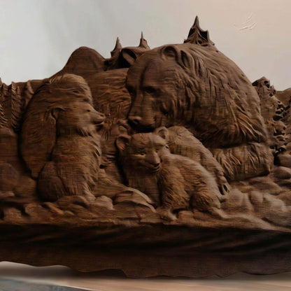 Bear Family Framed Bas Relief | Wooden Bear Carving | Sculptural Gift Idea