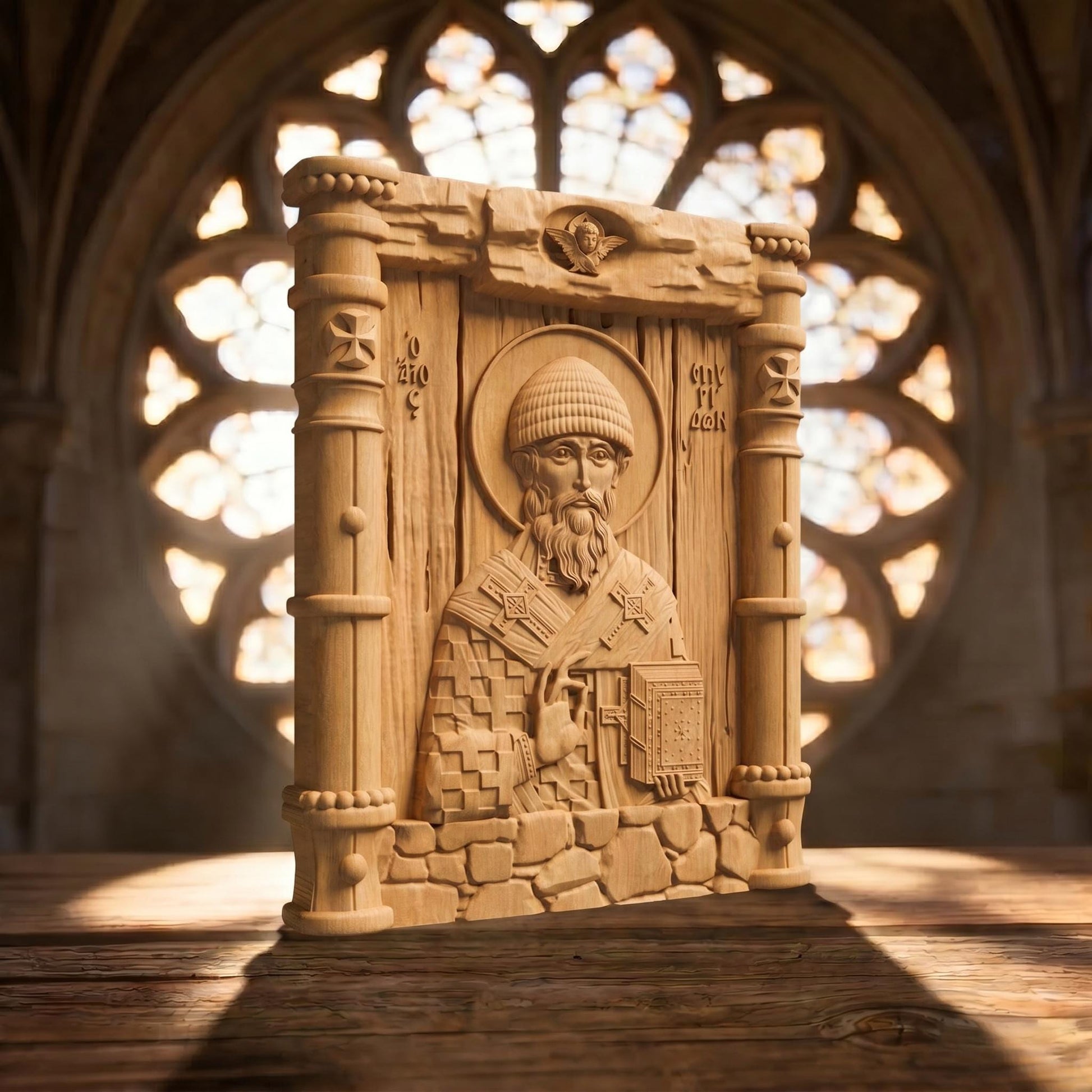 Saint Spyridon Wooden Carved Handmade Christian Icon Patron Saint of Farmers Left Side Natural Wood Color Cretan Holy Carvings