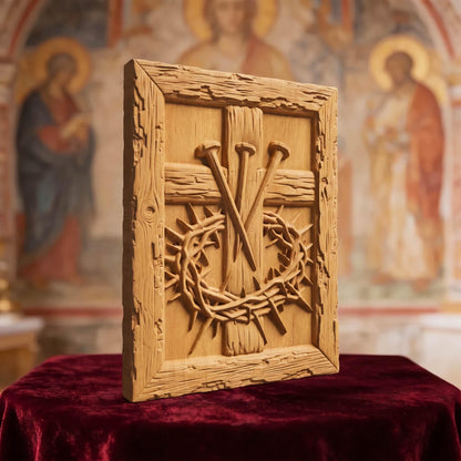 The Cross, Nails and Crown of Thorns Wooden Carved Handmade Christian Icon  Byzantine Greek Orthodox Home Decor Cretan Holy Carvings