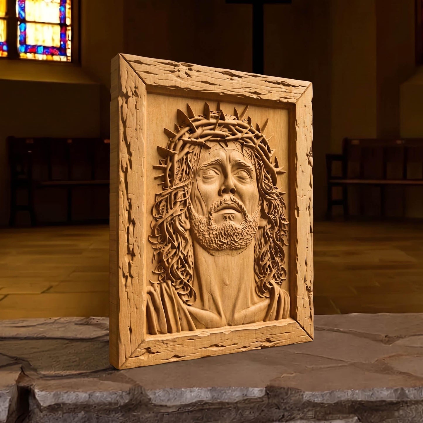 Jesus Christ Looking Up Wooden Carved Handmade Christian Icon  Byzantine Greek Orthodox Home Art Decor Cretan Holy Carvings