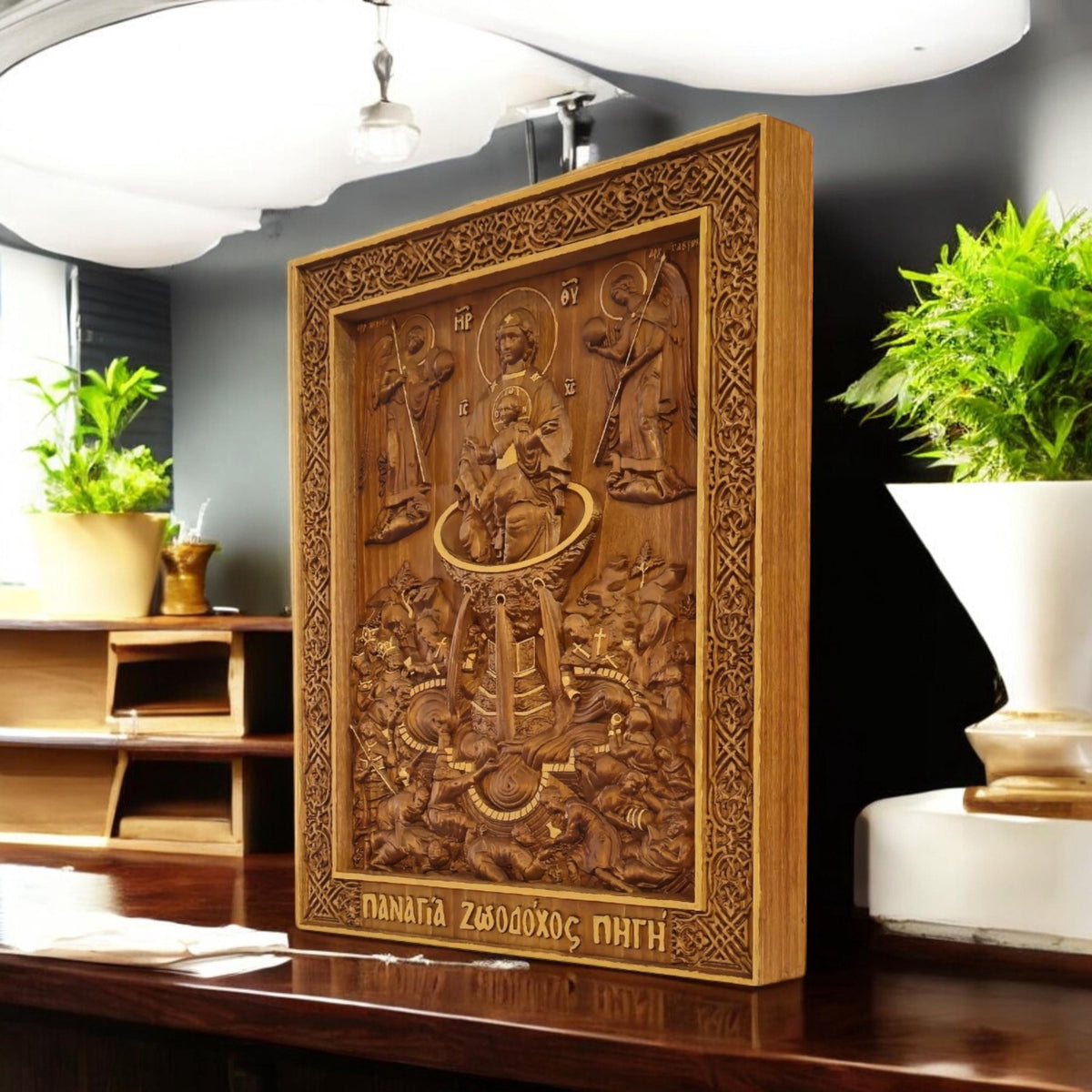 Mother of God Life-giving Spring Wooden Carved Handmade Christian Icon. Byzantine Greek Orthodox Decor.
