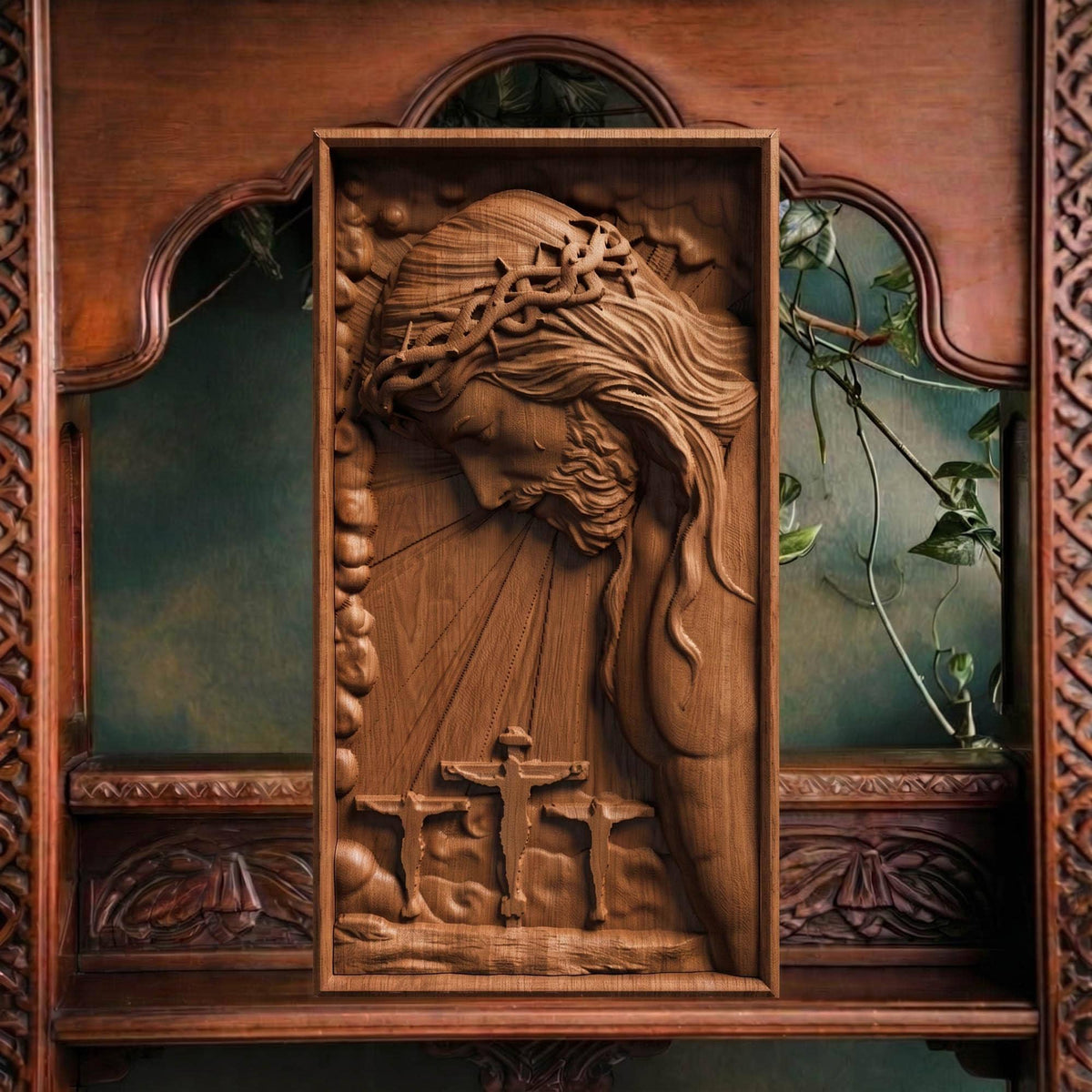 Jesus Christ on the Cross Along with the Two Thieves Wooden Carved Handmade Christian Icon  Byzantine Greek Orthodox Home Art Decor Cretan Holy Carvings