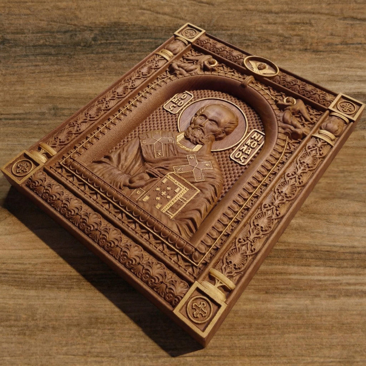 Saint Nicholas Wooden Carved Handmade Christian Icon. Byzantine Greek Orthodox Home Art Decor.