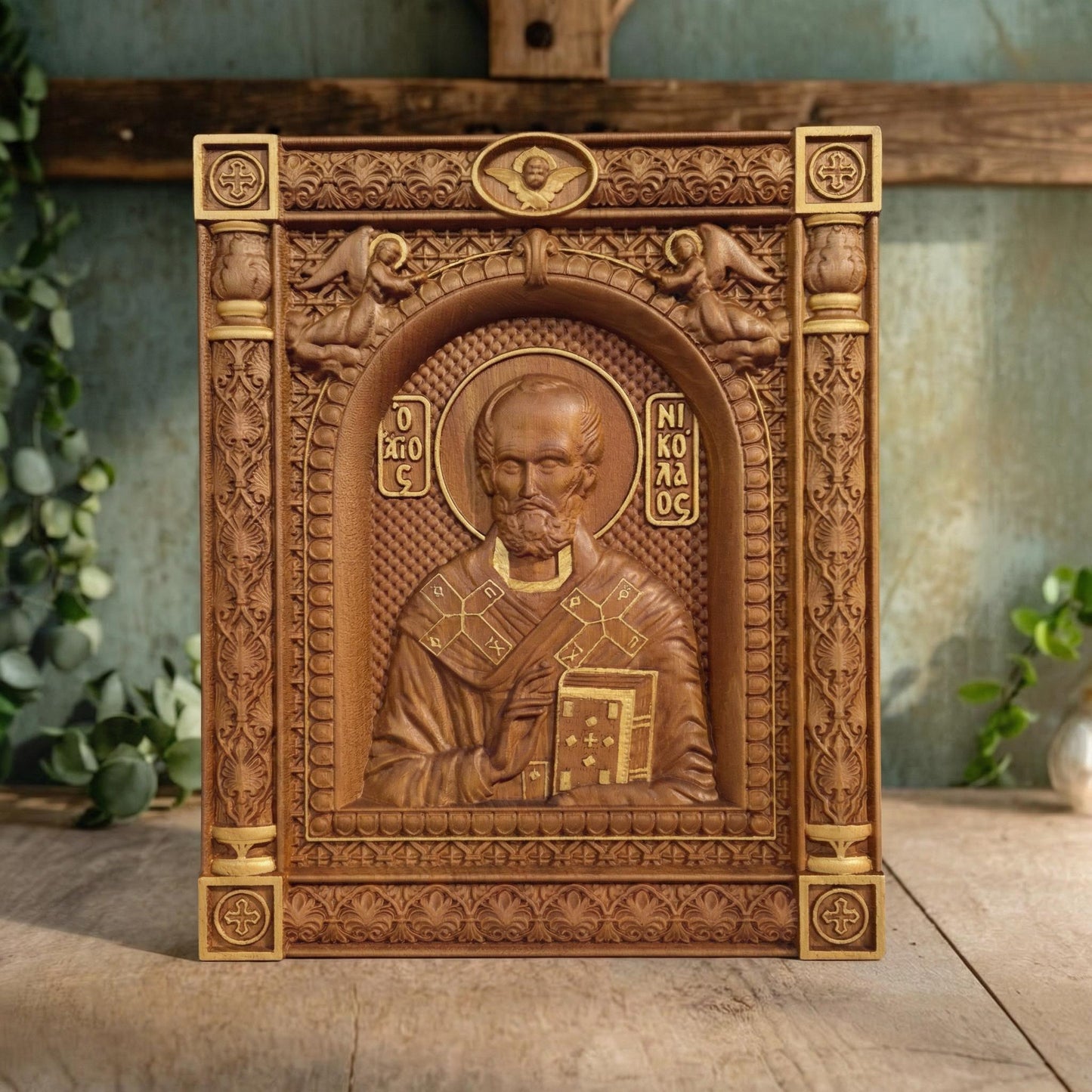 Saint Nicholas Wooden Carved Handmade Christian Icon. Byzantine Greek Orthodox Home Art Decor.