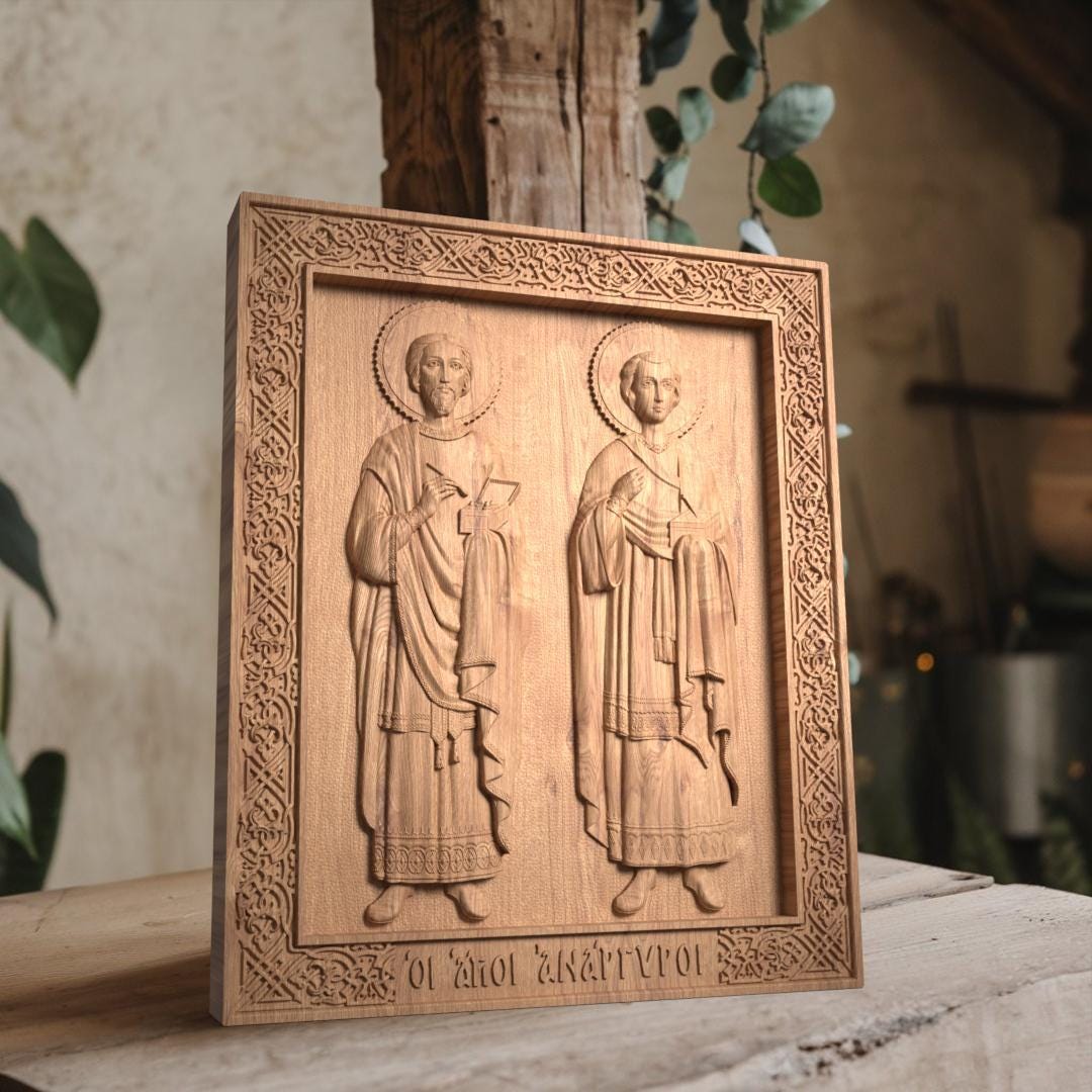 Moneyless Saints Cosmas and Damian Wooden Carved Handmade Christian Icon. Byzantine Greek Orthodox Decor.