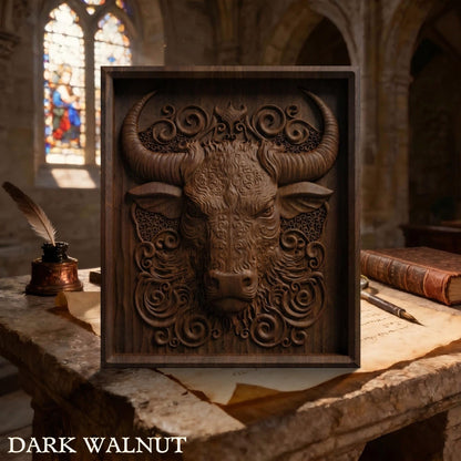 Bull Tribal Framed Bas Relief | Wooden Bull Carving | Sculptural Gift Idea