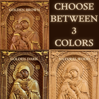 The image is a collage of four images depicting religious scenes, including the Virgin Mary and the Child Jesus. The images are labeled with the words "Golden Brown", "Golden Dark", "Natural Wood", and "Natural Wood".