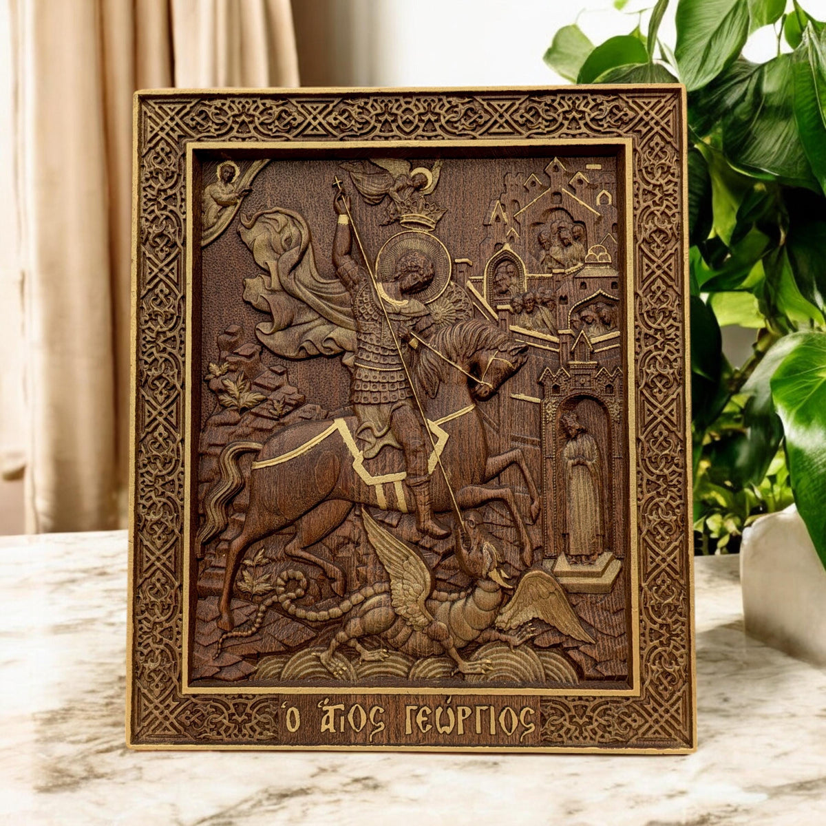 Saint George Wooden Carved Handmade Christian Icon. Byzantine Greek Orthodox Home Art Decor.