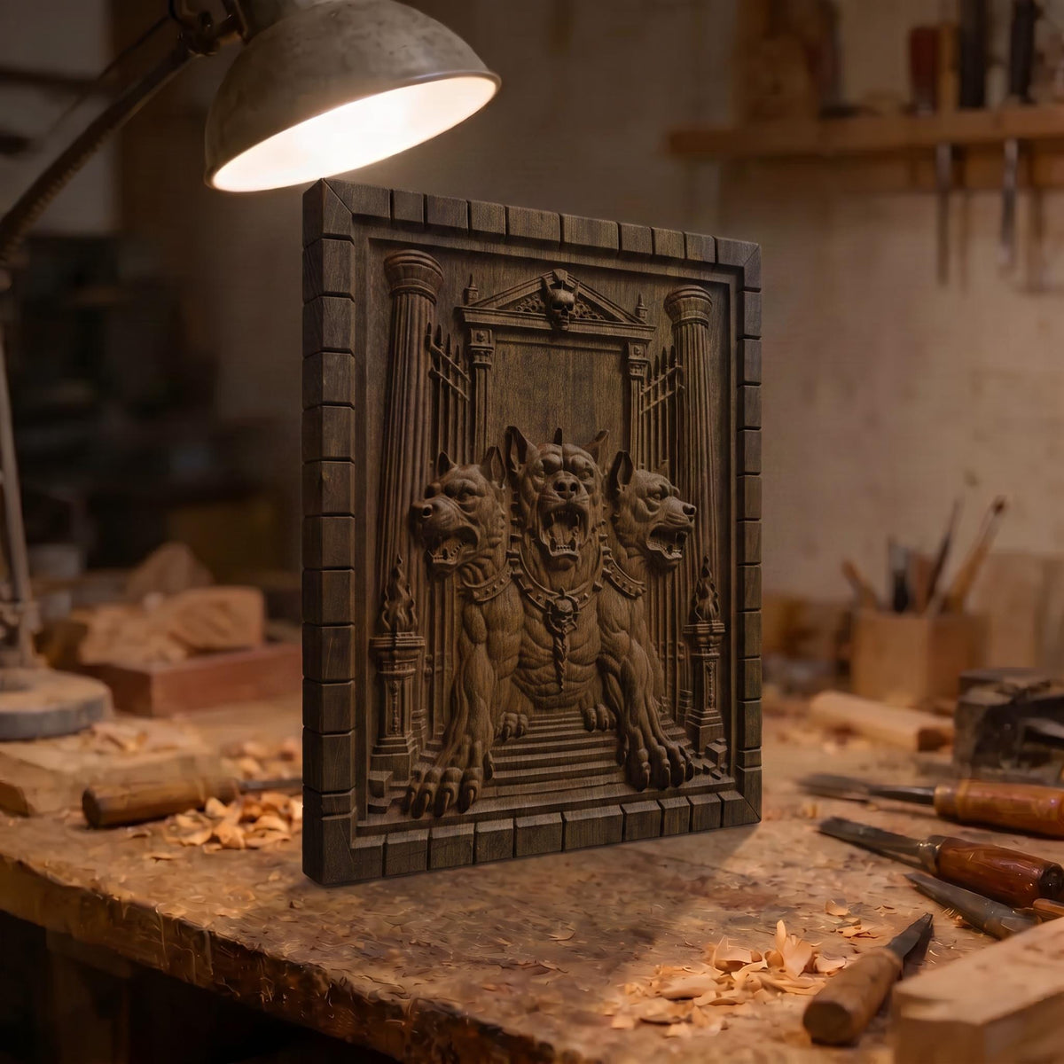 Cerberus at the Gates of Hades from Ancient Greek Mythology 3D Wooden Bas Relief Panel Art Sculptural Gift Idea Cretan Holy Carvings