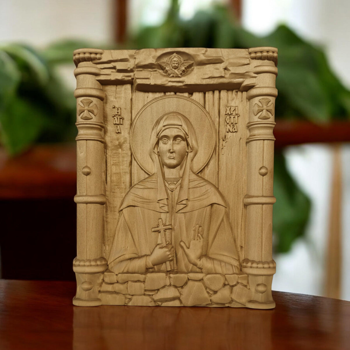 Saint Christina Wooden Carved Handmade Christian Icon. Byzantine Greek Orthodox Home Art Decor.
