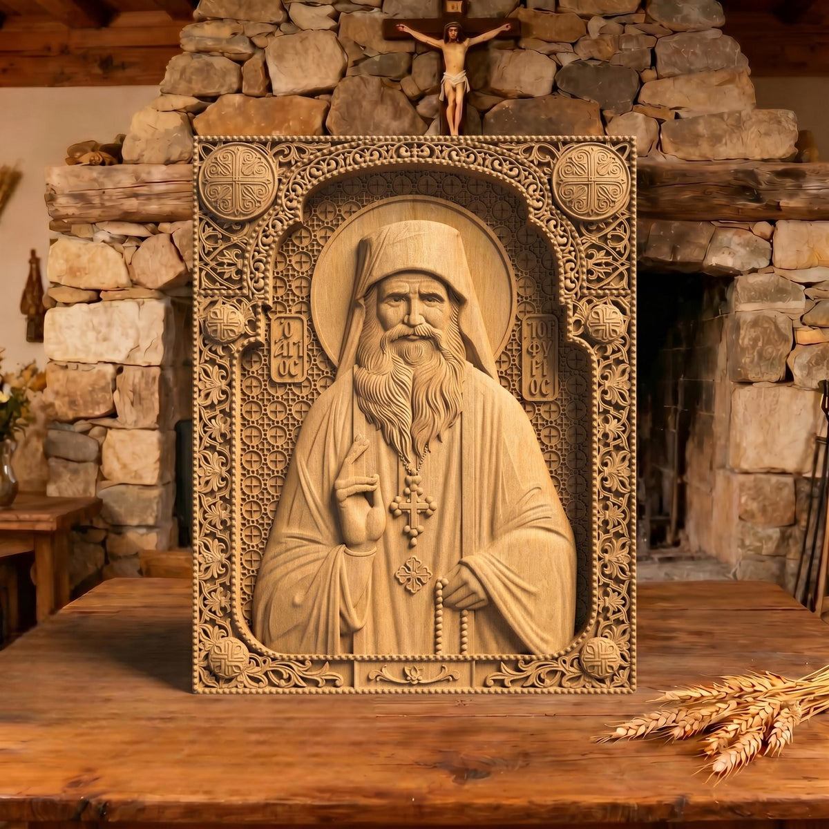 Saint Porphyrios of Kavsokalyvia Wooden Carved Handmade Christian Icon | Byzantine Greek Orthodox Home Art Decor