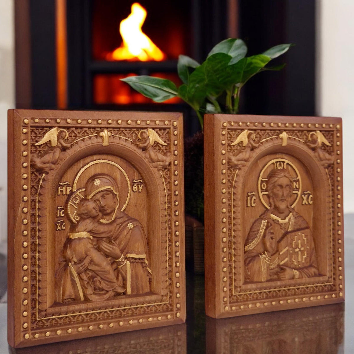 Christ and Mother of God Set Two Wooden Carved Handmade Christian Icons | Byzantine Greek Orthodox Home Art Decor