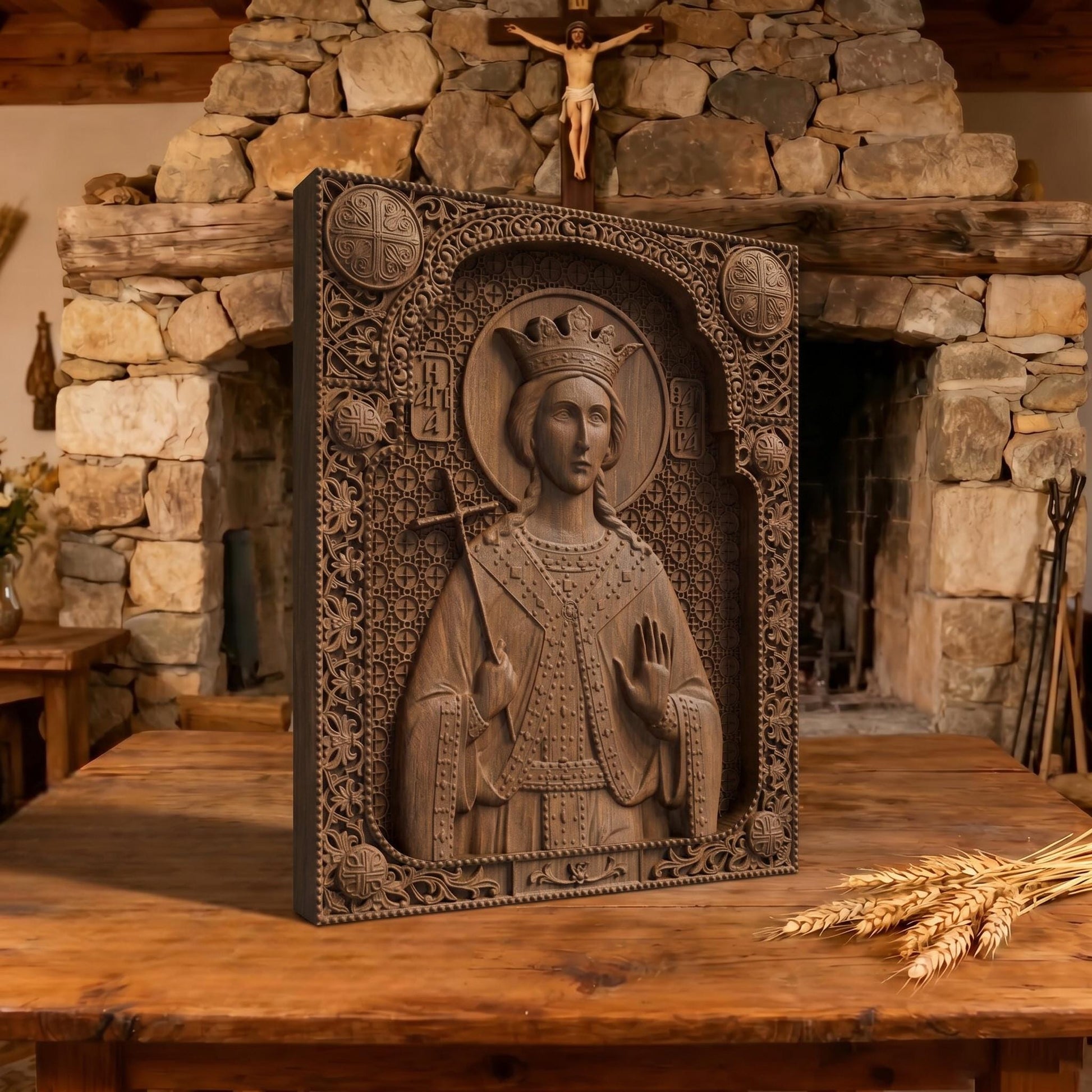 Saint Barbara Wooden Carved Handmade Christian Icon Patron Saint of Artillerymen Cretan Holy Carvings