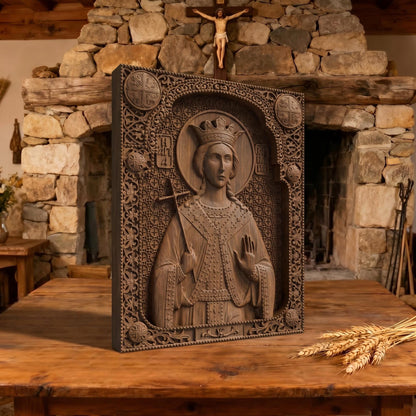 Saint Barbara Wooden Carved Handmade Christian Icon Patron Saint of Artillerymen Cretan Holy Carvings