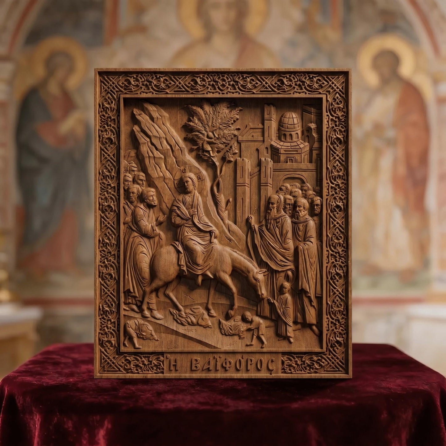 Jesus Christ Triumphal Entry  Wooden Carved Handmade Christian Icon Front Side Brown Oak Cretan Holy Carvings