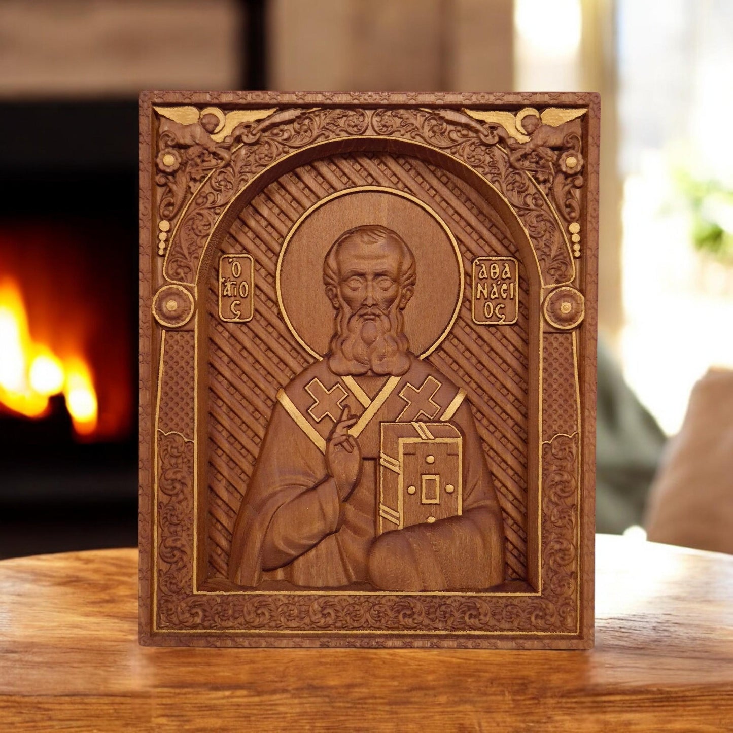Saint Athanasius of Alexandria Wooden Carved Handmade Christian Icon. Byzantine Greek Orthodox Home Decor.