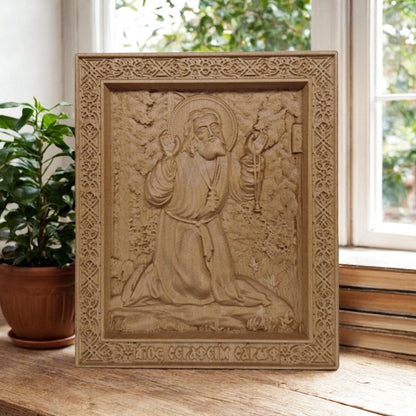 Saint Seraphim of Sarov Wooden Carved Handmade Christian Icon. Byzantine Greek Orthodox Home Decor.