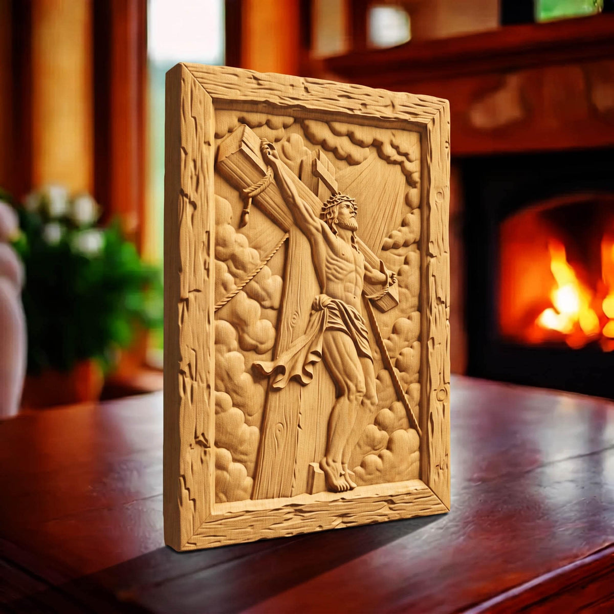 Jesus Crusifixion Wooden Carved Handmade Christian Icon  Byzantine Greek Orthodox Home Art Decor Cretan Holy Carvings