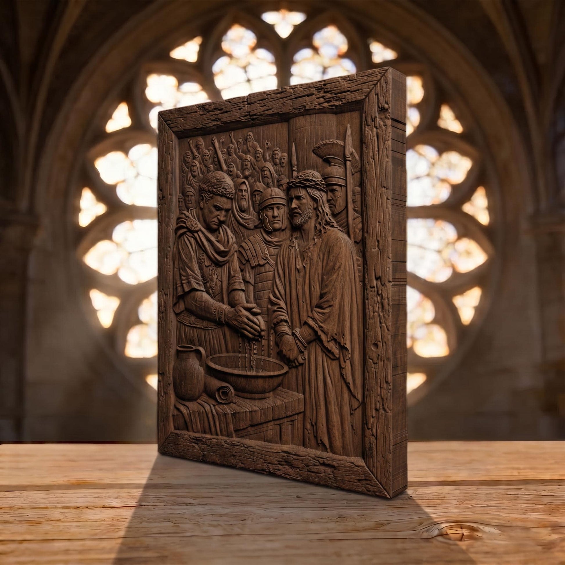 Pilate Washes his Hands of the Blood of Jesus Christ Wooden Carved Handmade Christian Icon  Byzantine Greek Orthodox Home Decor Cretan Holy Carvings