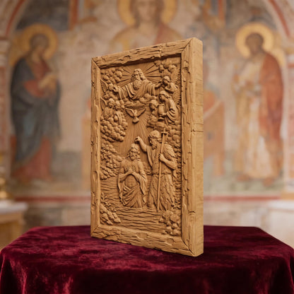 The Baptism of Jesus Christ Wooden Carved Handmade Christian Icon  Byzantine Greek Orthodox Home Decor Cretan Holy Carvings