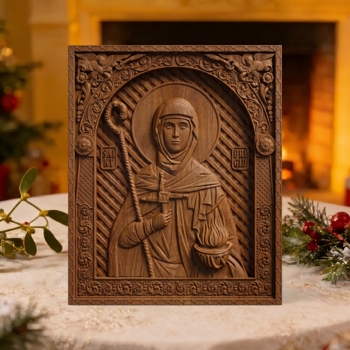 Saint Brigid Patron Saint of Poets Wooden Carved Handmade Christian Icon | Byzantine Greek Orthodox Home Art Decor