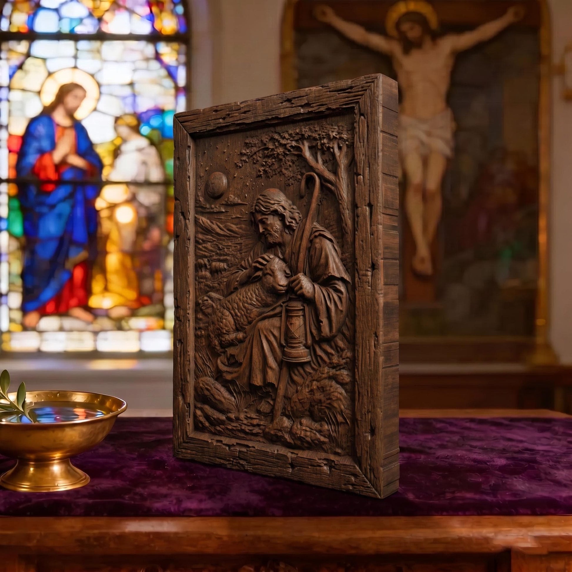 Jesus Christ the Shepherd Wooden Carved Handmade Christian Icon  Byzantine Greek Orthodox Home Decor Cretan Holy Carvings