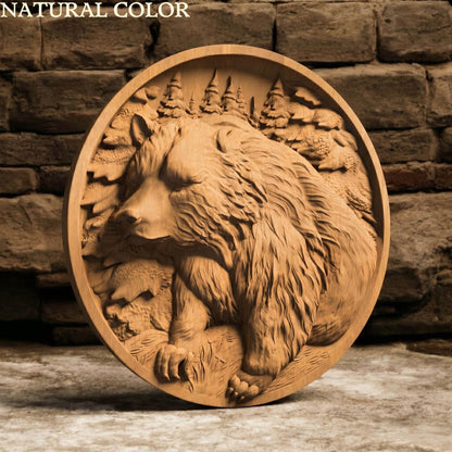 Bear in Plate Framed Bas Relief | Wooden Bear Carving | Sculptural Gift Idea