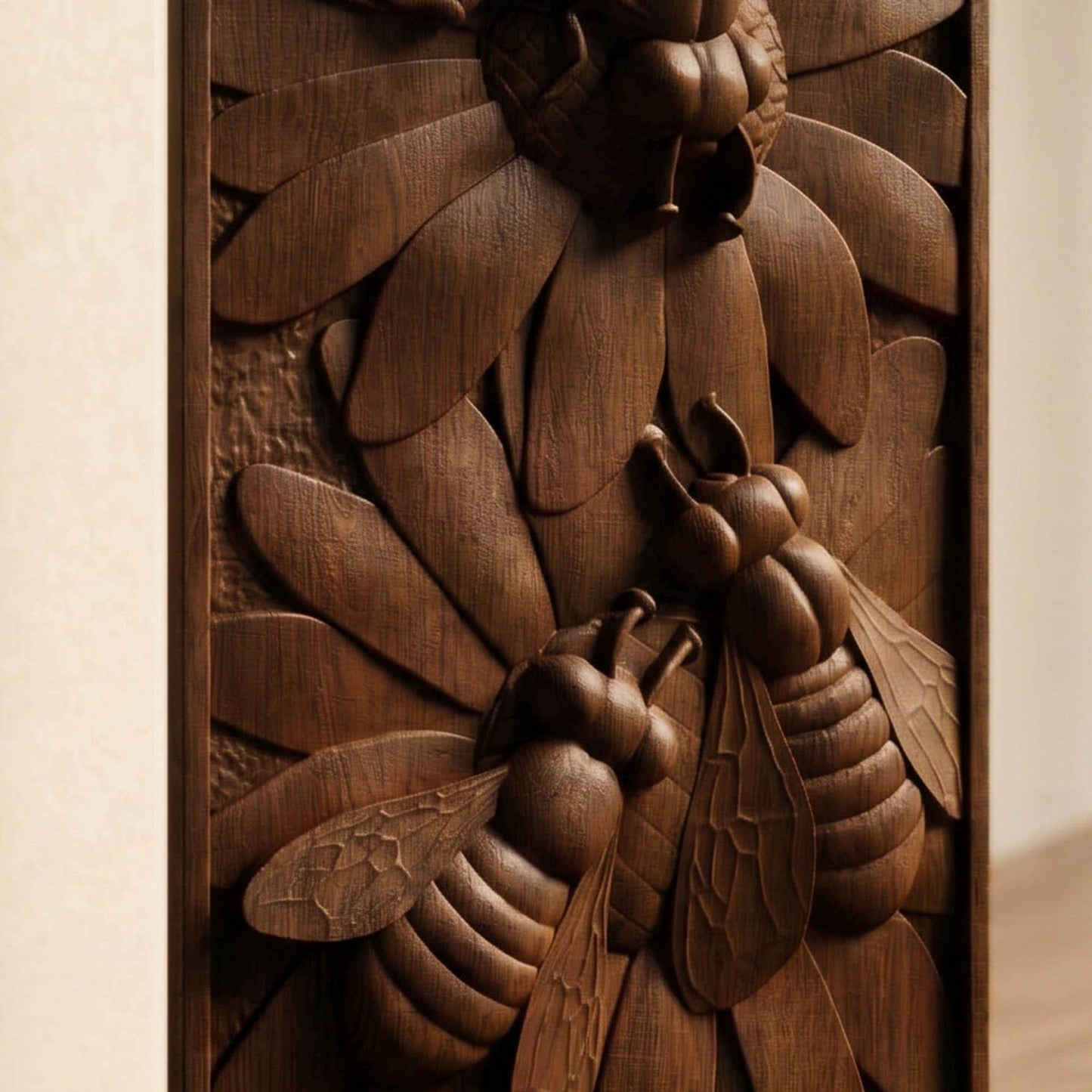 Bees Panel Framed Bas Relief | Wooden Bees Carving | Sculptural Gift Idea