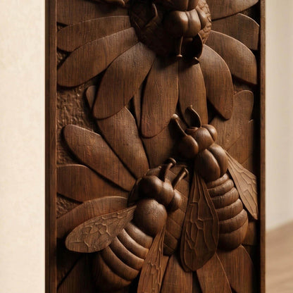 Bees Panel Framed Bas Relief | Wooden Bees Carving | Sculptural Gift Idea