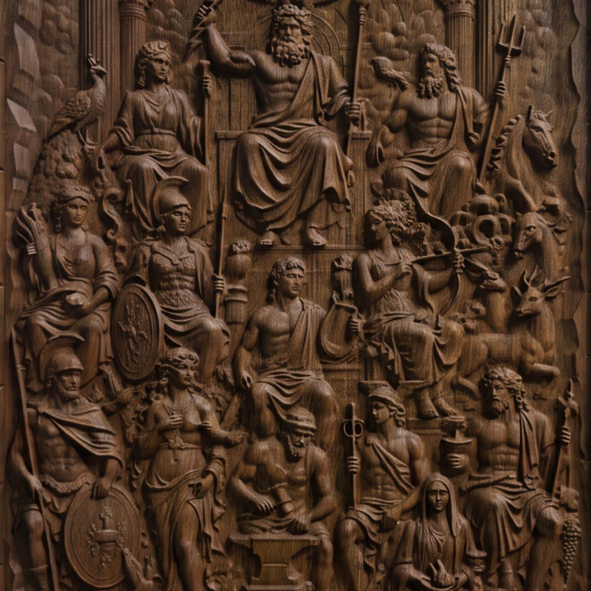 The Gathering of Olympian Gods 3D Wooden Bas Relief Panel Art Sculptural Gift Idea Cretan Holy Carvings