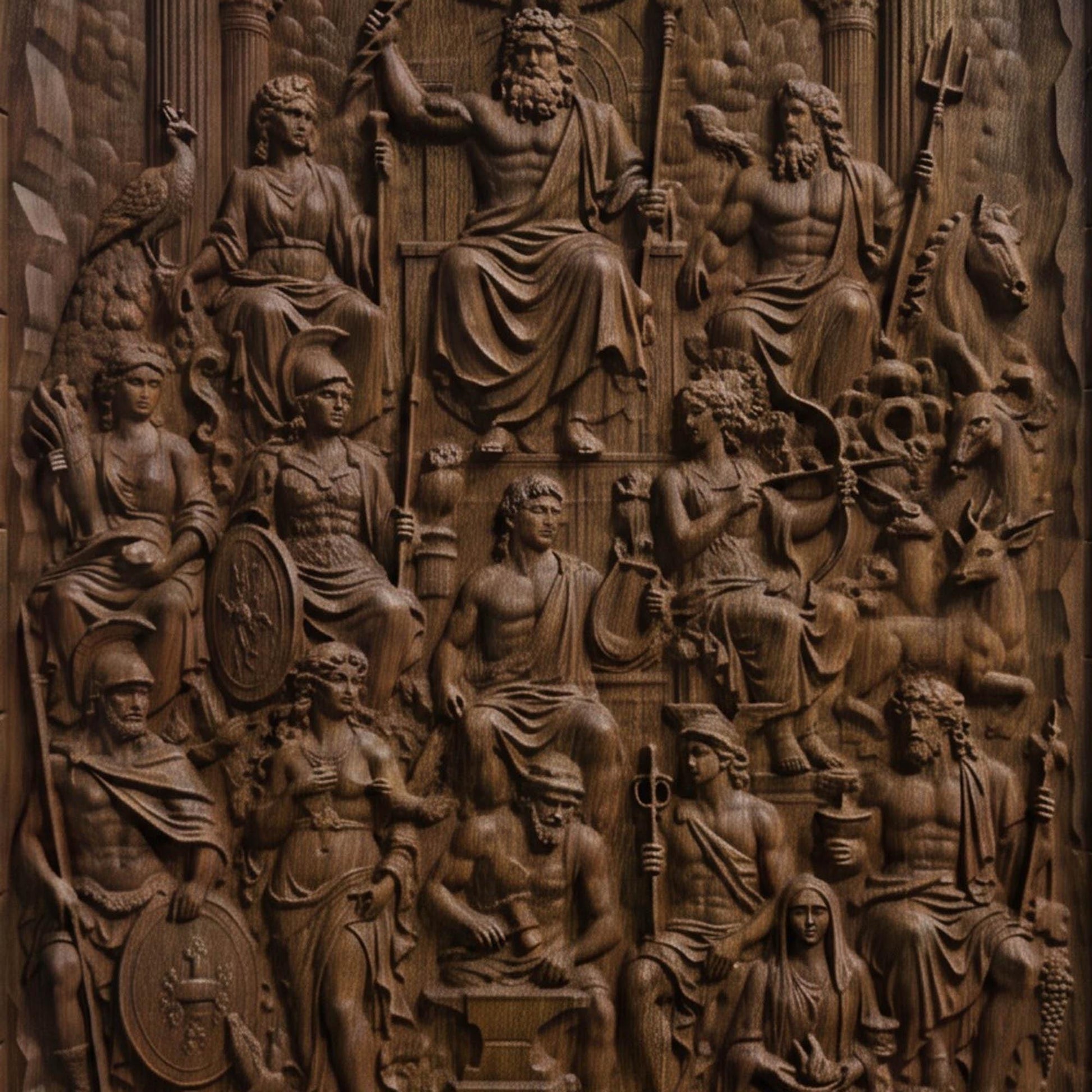 The Gathering of Olympian Gods 3D Wooden Bas Relief Panel Art Sculptural Gift Idea Cretan Holy Carvings