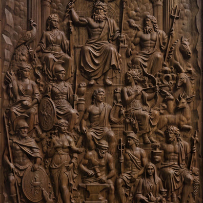 The Gathering of Olympian Gods 3D Wooden Bas Relief Panel Art Sculptural Gift Idea Cretan Holy Carvings